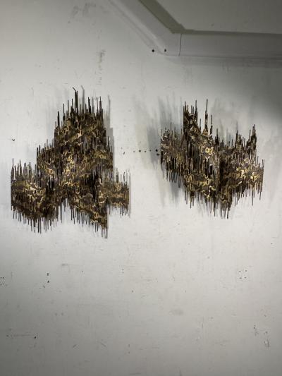 Henri Fernandez LARGE MID CENTURY PAIR OF BRUTALIST METAL WALL SCONCES