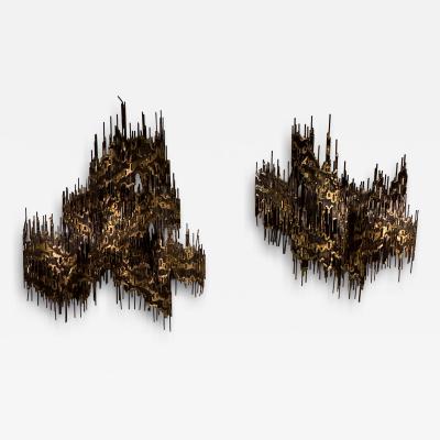 Henri Fernandez LARGE MID CENTURY PAIR OF BRUTALIST METAL WALL SCONCES