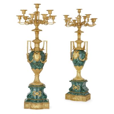Henri Picard Napoleon III Period Neoclassical Malachite and Gilt Bronze Clock Set by Picard