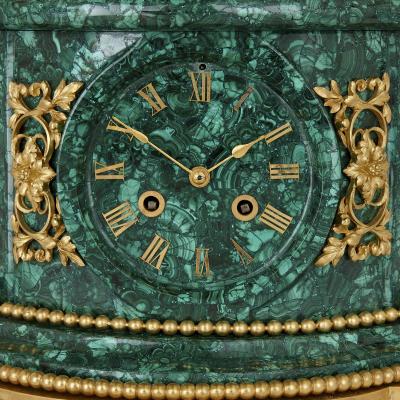 Henri Picard Napoleon III Period Neoclassical Malachite and Gilt Bronze Clock Set by Picard