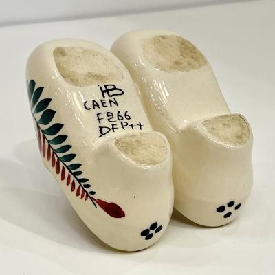 Henriot Quimper Vintage French HB Majolica Pottery Red Green Cream Clogs Salt Pepper Holder