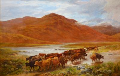 Henry Garland Highlanders Heading South Large 19th Century Scottish Landscape Oil Painting