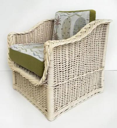 Henry Link Henry Link Coastal Newly Upholstered Rattan Club Chairs Painted Pair
