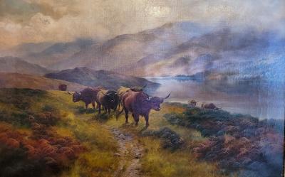 Henry Robinson Hall 19C Oil on Canvas of Highland Rovers at Loch Earn by HR Hall