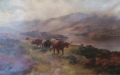 Henry Robinson Hall 19C Oil on Canvas of Highland Rovers at Loch Earn by HR Hall