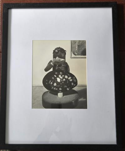 Henry Rox Art Critic Standing Figure Before Biomorphic Sculpture and Framed Composition 