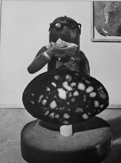 Henry Rox Art Critic Standing Figure Before Biomorphic Sculpture and Framed Composition 