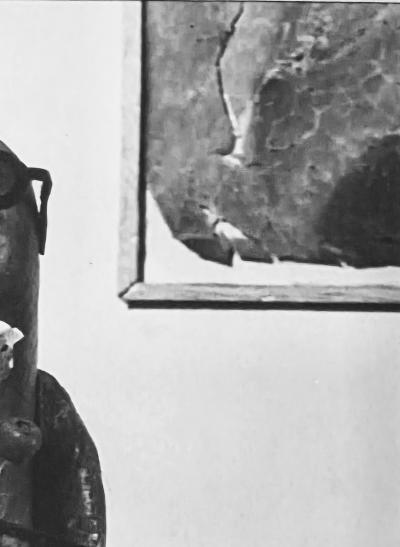 Henry Rox Art Critic Standing Figure Before Biomorphic Sculpture and Framed Composition 