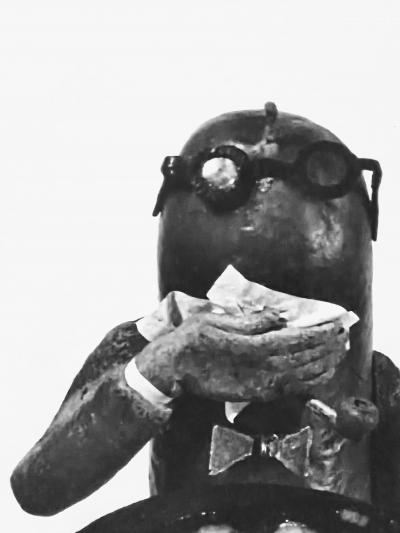 Henry Rox Art Critic Standing Figure Before Biomorphic Sculpture and Framed Composition 