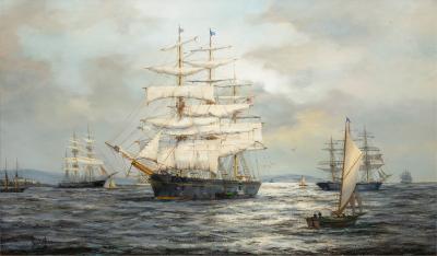 Henry Scott Down Easter Harvey Mills in Boston Harbor Henry Scott R S A 