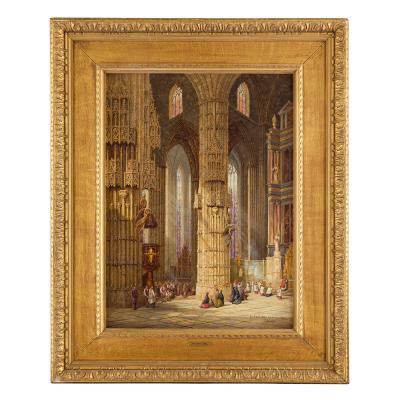 Henry Thomas Schafer Antique oil painting of a church interior by Henry Thomas Schafer