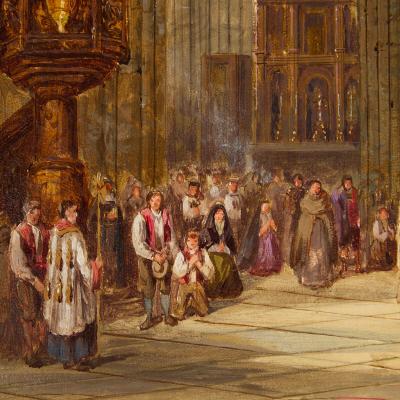 Henry Thomas Schafer Antique oil painting of a church interior by Henry Thomas Schafer