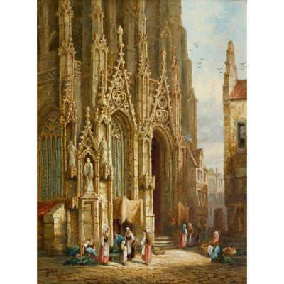 Henry Thomas Schafer Pair of Gothic Architectural Street Scenes by H T Schafer