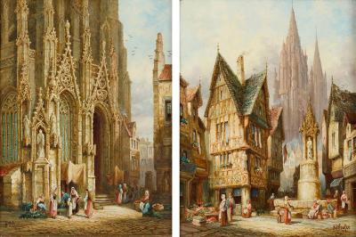Henry Thomas Schafer Pair of Gothic Architectural Street Scenes by H T Schafer