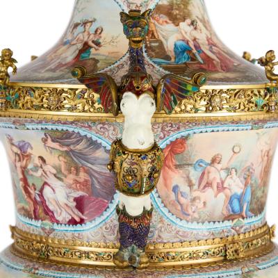 Hermann Bohm Large pair of antique Viennese silver gilt and enamel vases attributed to B hm