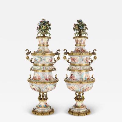 Hermann Bohm Large pair of antique Viennese silver gilt and enamel vases attributed to B hm