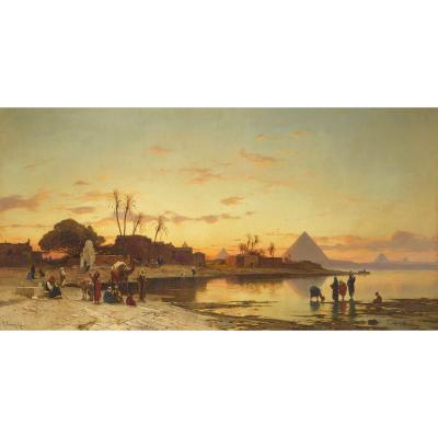 Hermann Corrodi Large Orientalist painting of the banks of the Nile by H Corrodi