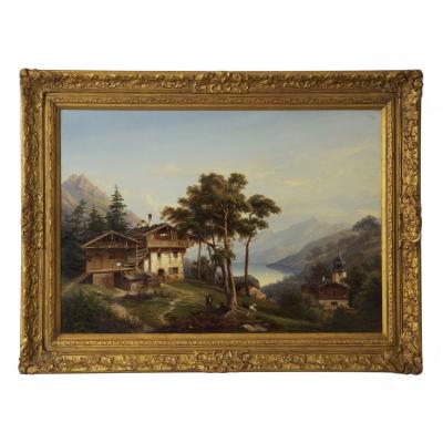 Hermann Seefisch Chalet by Lake Antique Oil Painting by Hermann Seefisch German c 1850