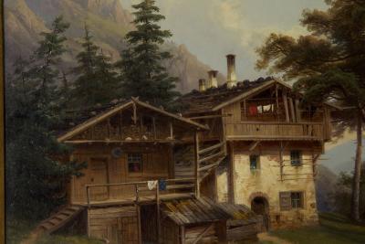 Hermann Seefisch Chalet by Lake Antique Oil Painting by Hermann Seefisch German c 1850