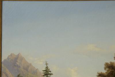 Hermann Seefisch Chalet by Lake Antique Oil Painting by Hermann Seefisch German c 1850