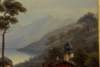 Hermann Seefisch Chalet by Lake Antique Oil Painting by Hermann Seefisch German c 1850
