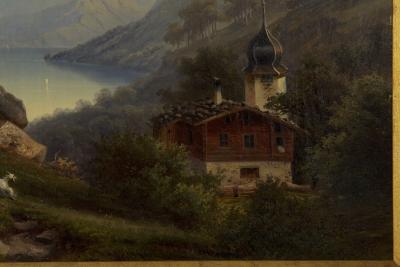 Hermann Seefisch Chalet by Lake Antique Oil Painting by Hermann Seefisch German c 1850