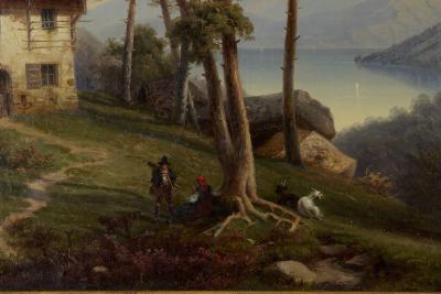 Hermann Seefisch Chalet by Lake Antique Oil Painting by Hermann Seefisch German c 1850