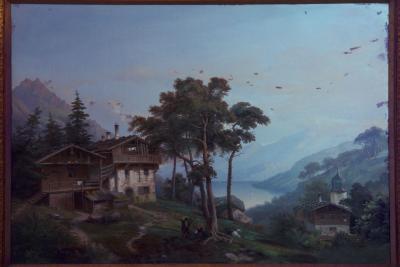 Hermann Seefisch Chalet by Lake Antique Oil Painting by Hermann Seefisch German c 1850