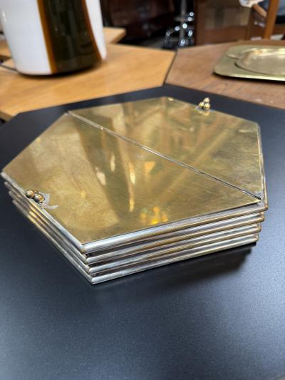 Hexagonal Brass Silver Decorative Box with Wooden Interior