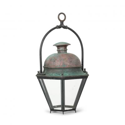 Hexagonal Glass Paneled Domed Verdigris Green Copper Lantern