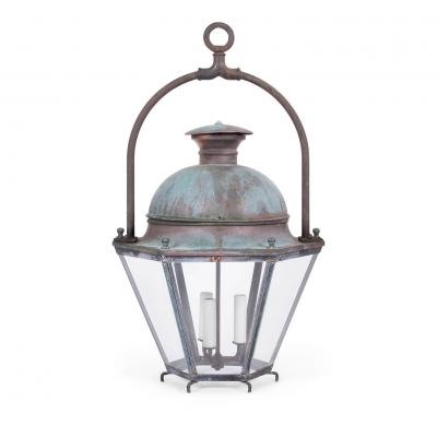 Hexagonal Glass Paneled Domed Verdigris Green Copper Lantern
