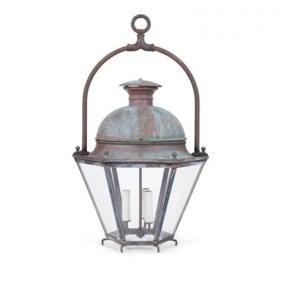 Hexagonal Glass Paneled Domed Verdigris Green Copper Lantern