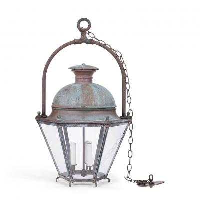 Hexagonal Glass Paneled Domed Verdigris Green Copper Lantern