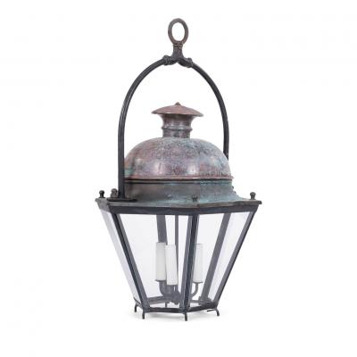 Hexagonal Glass Paneled Domed Verdigris Green Copper Lantern