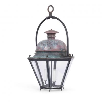 Hexagonal Glass Paneled Domed Verdigris Green Copper Lantern