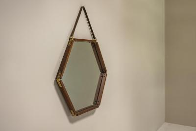 Hexagonal Teak Mirror with Brass and Leather Italy 1960s