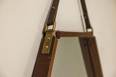 Hexagonal Teak Mirror with Brass and Leather Italy 1960s