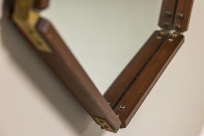 Hexagonal Teak Mirror with Brass and Leather Italy 1960s