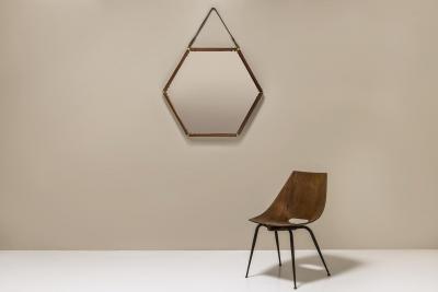 Hexagonal Teak Mirror with Brass and Leather Italy 1960s