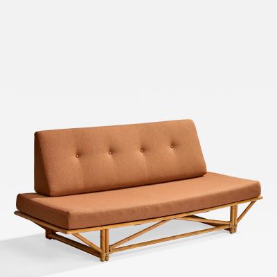 Heywood Wakefield Sofa with Oak Rattan and Velvet USA 1950s
