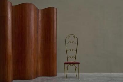 High Back Chiavari Chair in Patinated Brass and Embroidery Italy 1960s