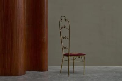 High Back Chiavari Chair in Patinated Brass and Embroidery Italy 1960s