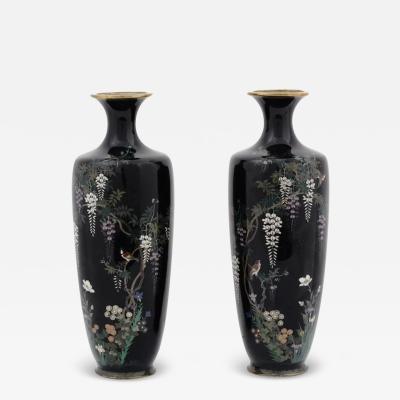 High Quality Meiji Japanese Era Black Cloisonne Enamel Wisteria and Bird Vases