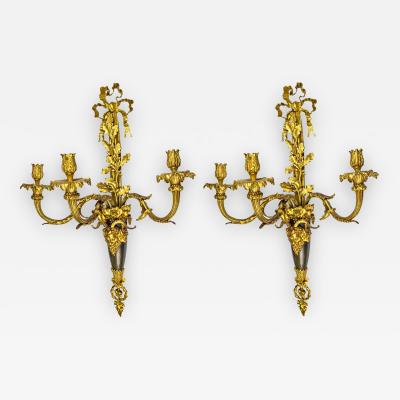High Quality Pair of Louis XVI Style Gilt and Patinated Bronze Wall Sconces