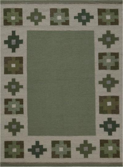 High quality Vintage Swedish Beige Green Flat Weave Wool Rug