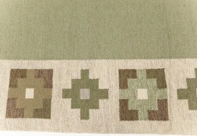 High quality Vintage Swedish Beige Green Flat Weave Wool Rug