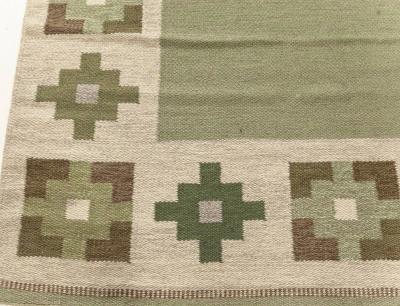 High quality Vintage Swedish Beige Green Flat Weave Wool Rug
