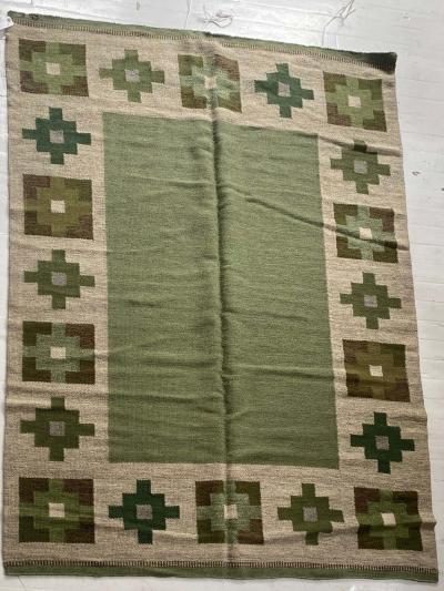 High quality Vintage Swedish Beige Green Flat Weave Wool Rug