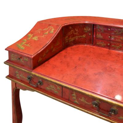 Highly Decorated Chinese Desk in Red Lacquer 1950s