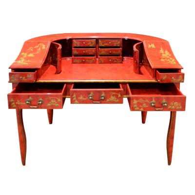 Highly Decorated Chinese Desk in Red Lacquer 1950s